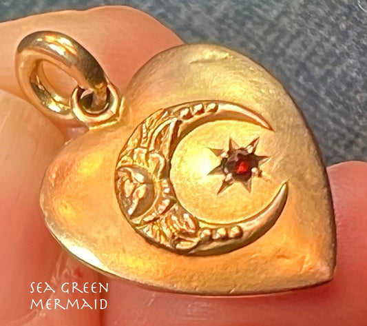 10k Yellow Gold Heart Pendant w Crescent Moon + Gypsy Set Garnet