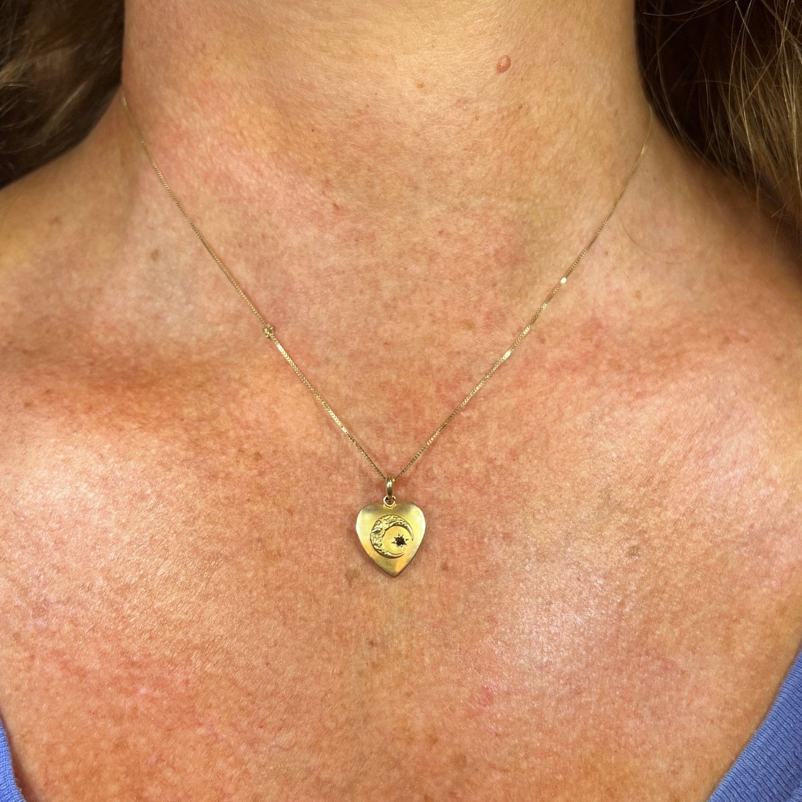 10k Yellow Gold Heart Pendant w Crescent Moon + Gypsy Set Garnet
