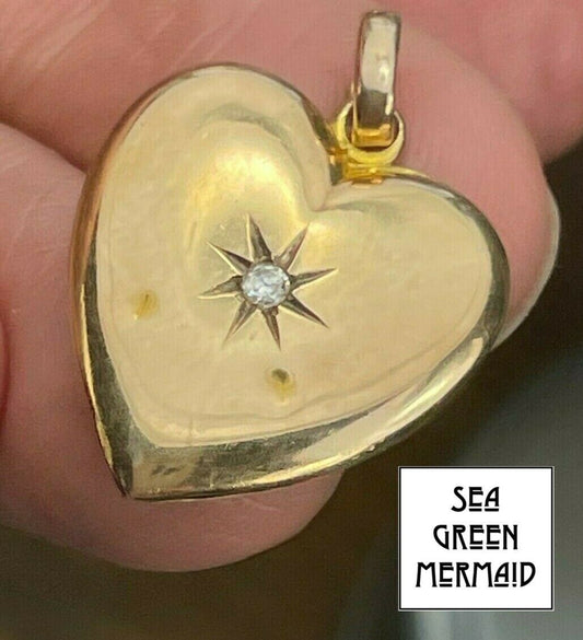 10k Yellow Gold Heart Pendant w Gypsy Set Diamond. Large 1"_21_320