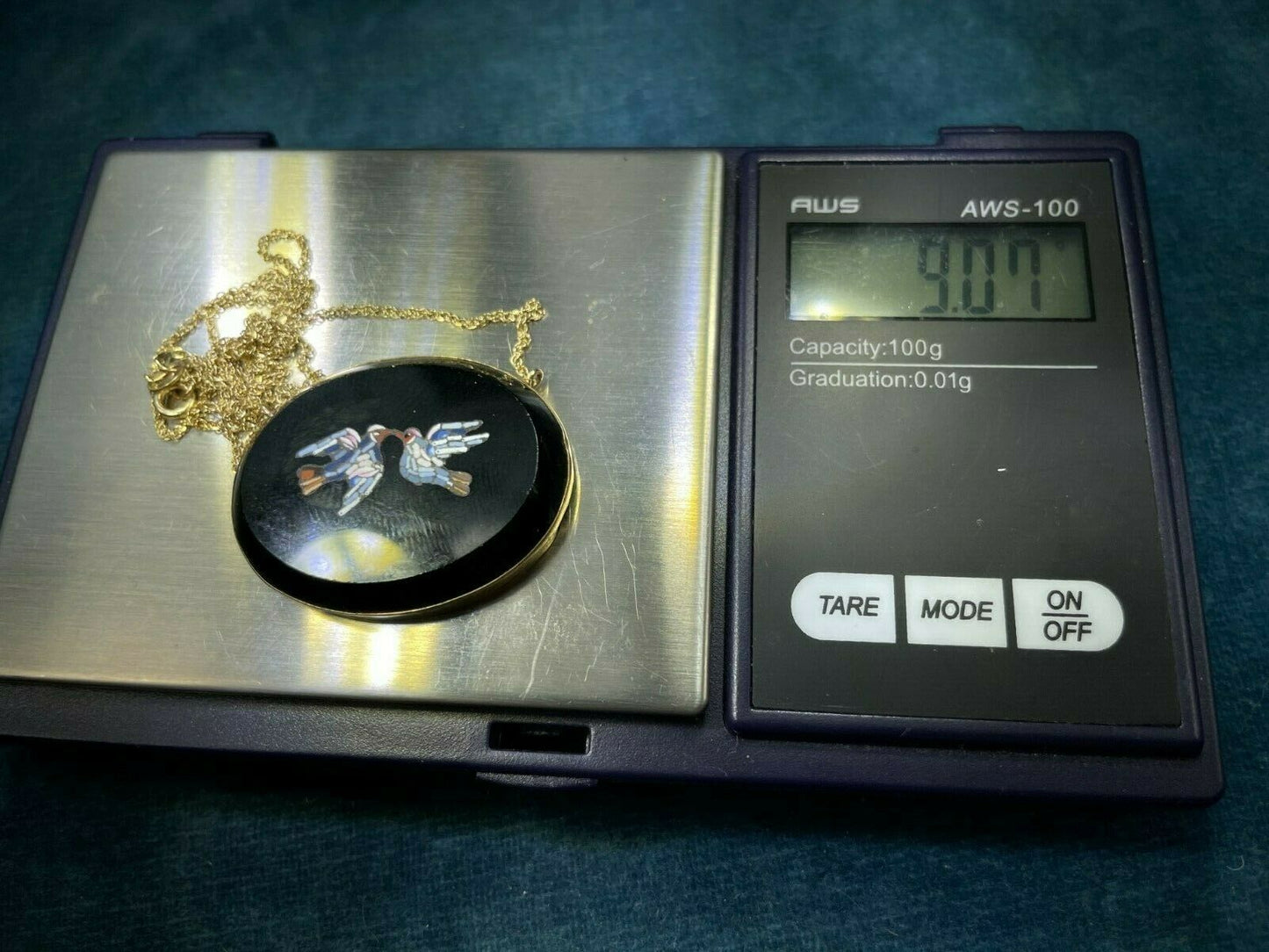 10k Yellow Gold Italy MicroMosaic Onyx LOVEBIRD Pendant w Chain.1.5" & 9g _21_79