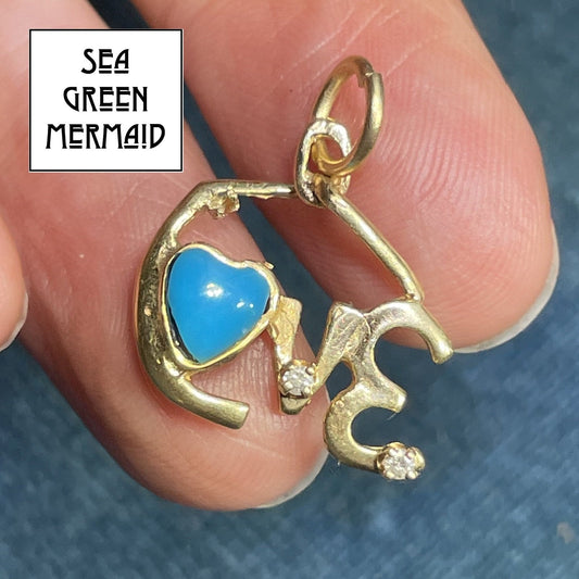 10k Yellow Gold "LOVE" Pendant w Turquoise Heart & Diamonds. OOAK
