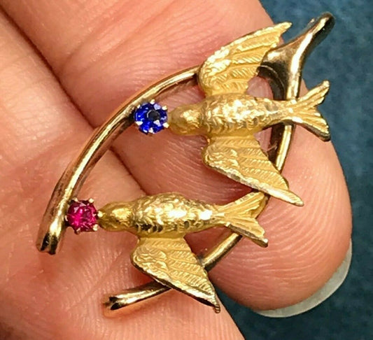 10k Yellow Gold Lovebird Sparrows & Lucky Wishbone Pendant