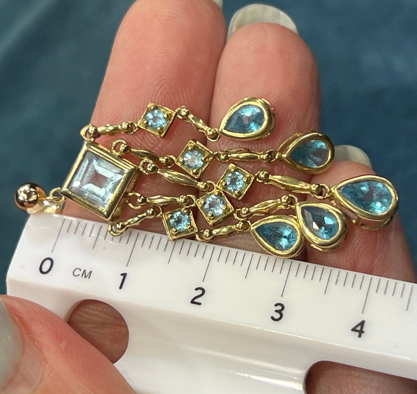 10k Yellow Gold Ocean Blue Topaz Teardrop Chandelier Earrings. 2" + 7g