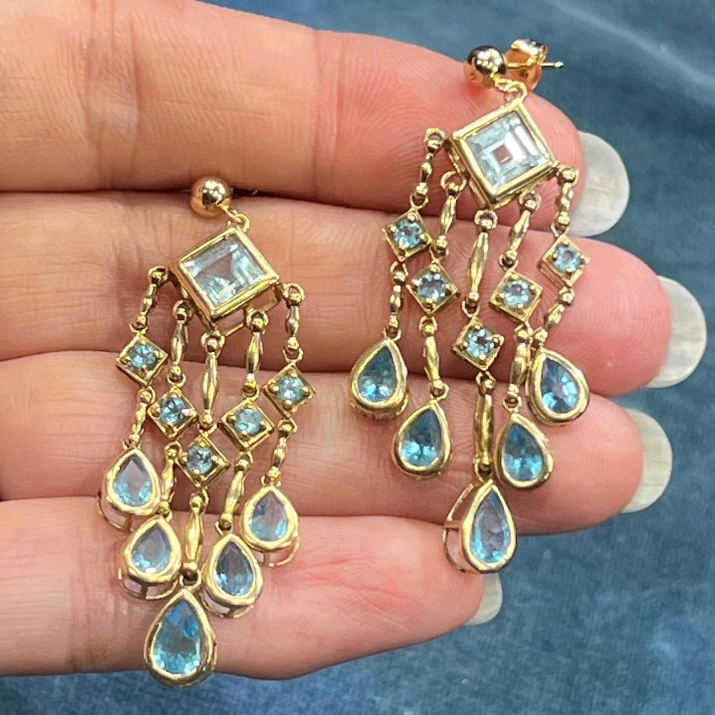 10k Yellow Gold Ocean Blue Topaz Teardrop Chandelier Earrings. 2" + 7g
