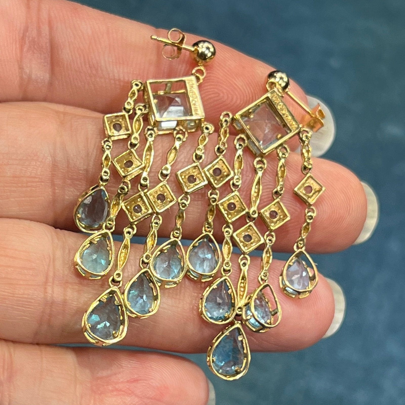 10k Yellow Gold Ocean Blue Topaz Teardrop Chandelier Earrings. 2" + 7g