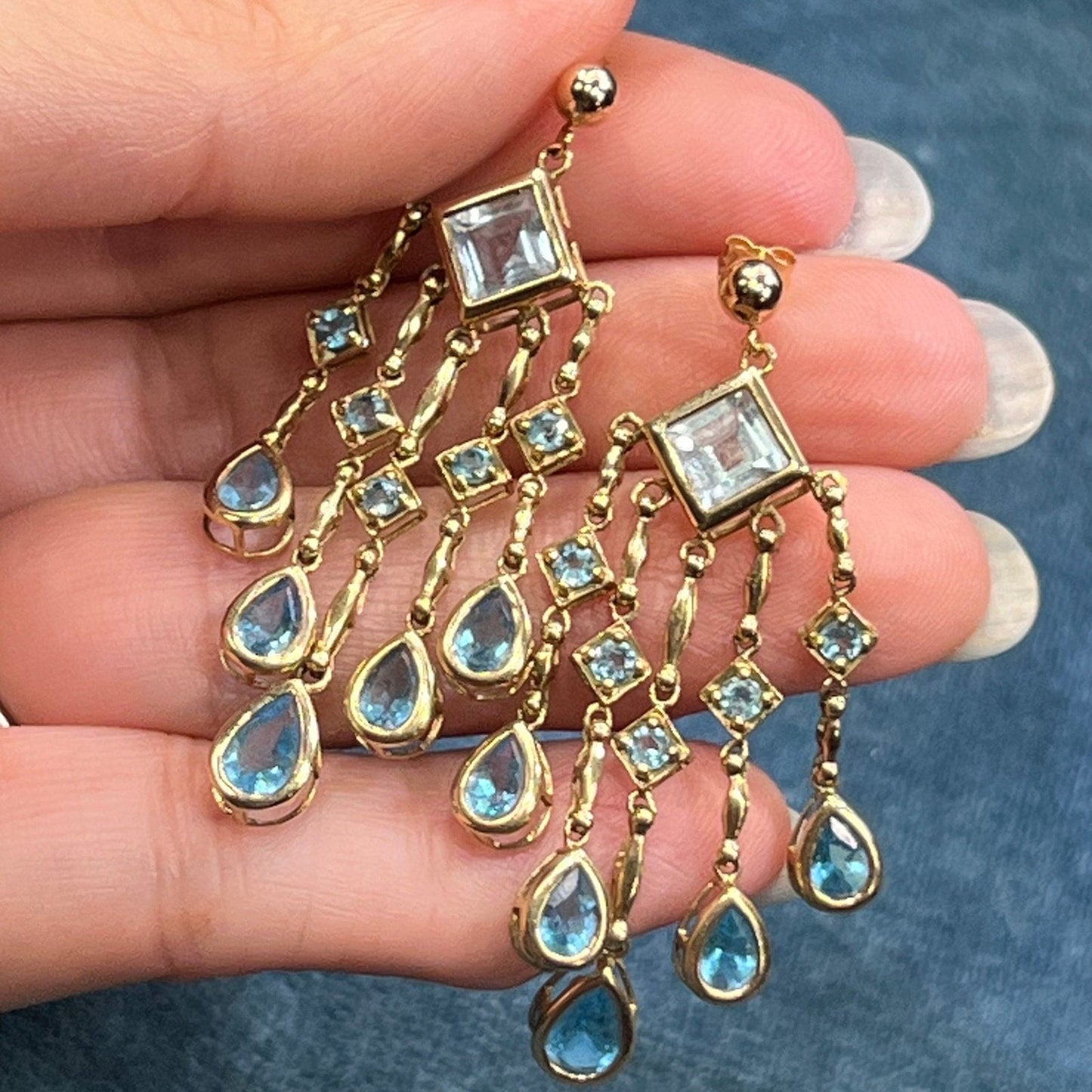 10k Yellow Gold Ocean Blue Topaz Teardrop Chandelier Earrings. 2" + 7g