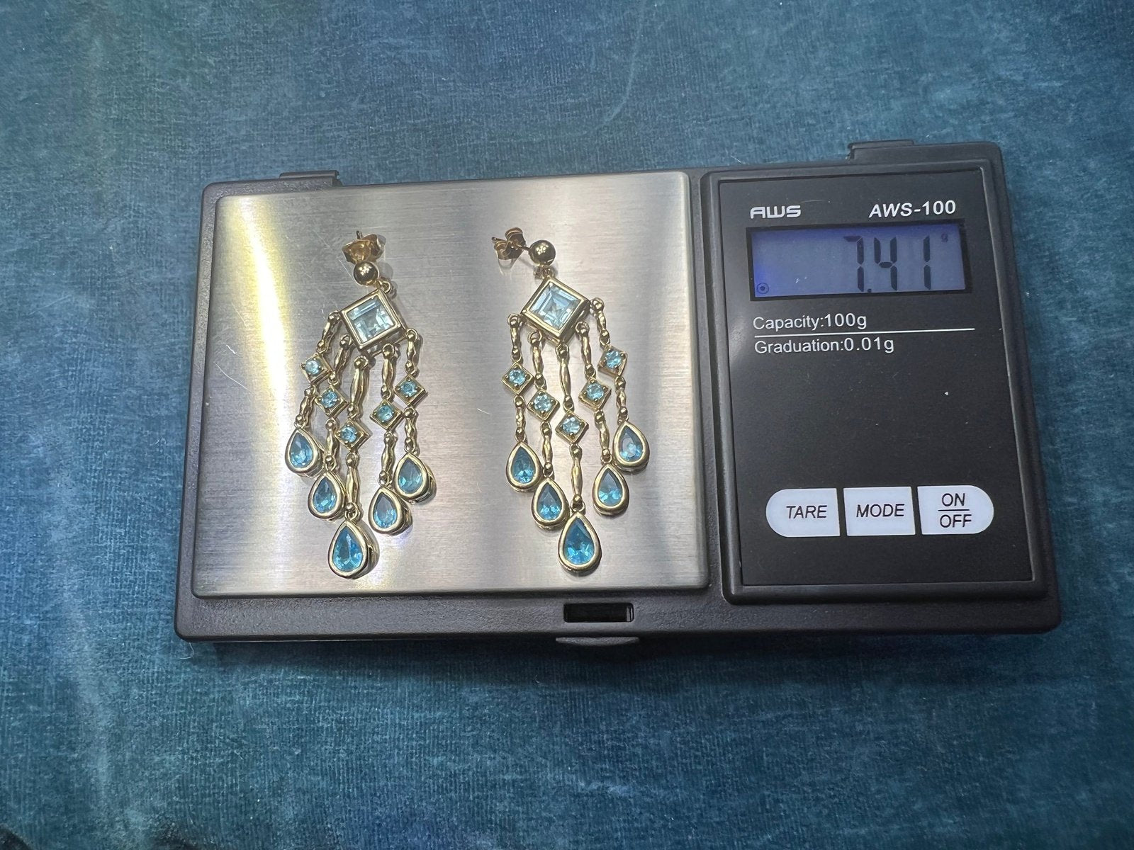 10k Yellow Gold Ocean Blue Topaz Teardrop Chandelier Earrings. 2" + 7g