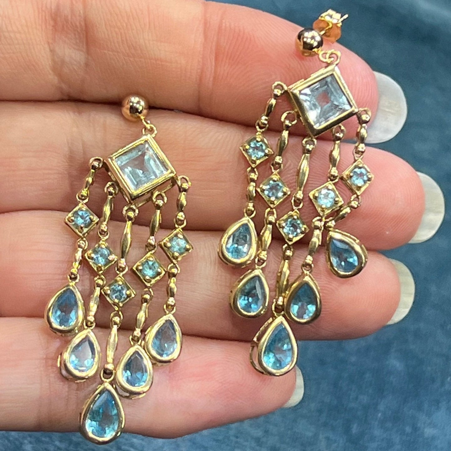 10k Yellow Gold Ocean Blue Topaz Teardrop Chandelier Earrings. 2" + 7g