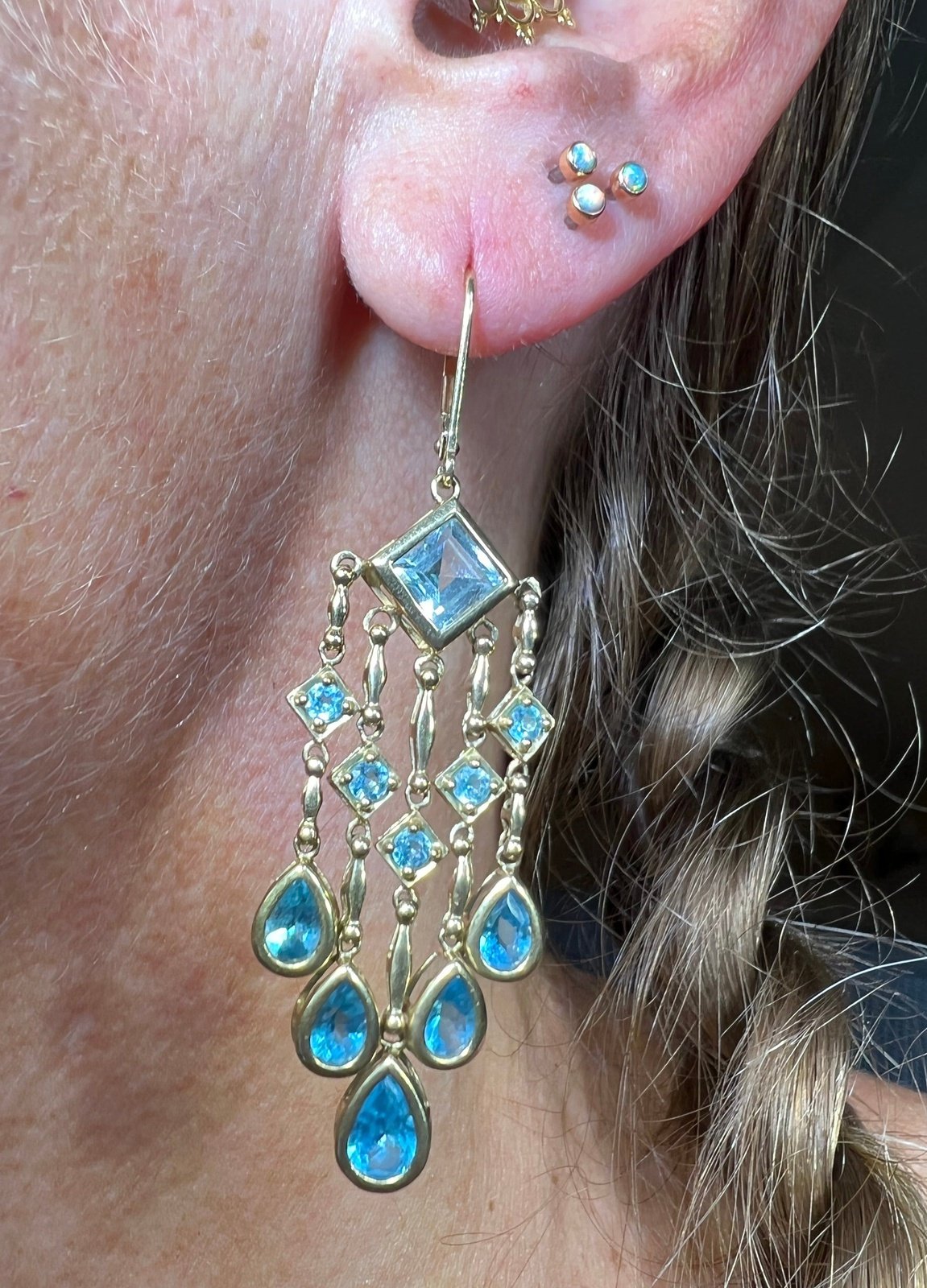 10k Yellow Gold Ocean Blue Topaz Teardrop Chandelier Earrings. 2" + 7g
