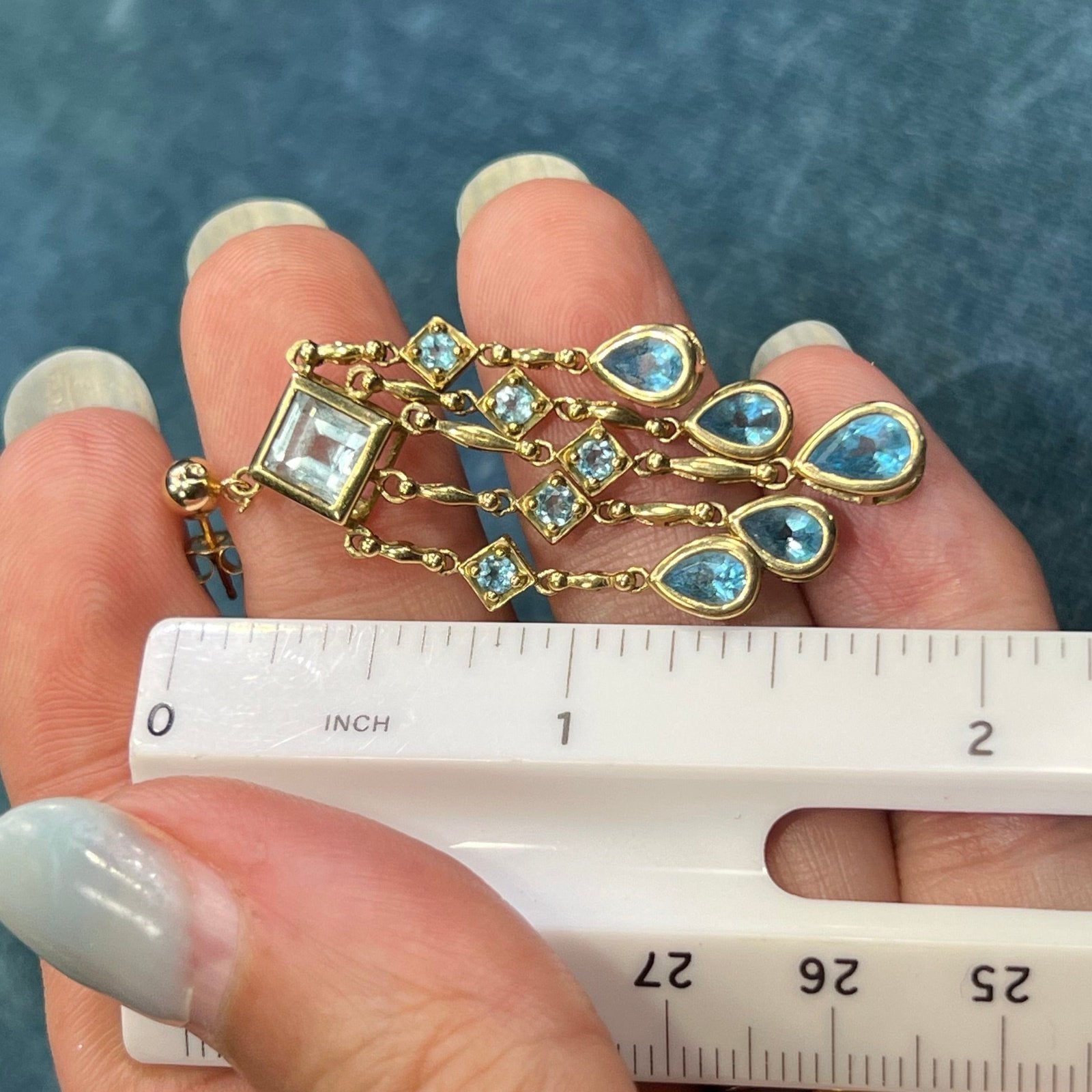 10k Yellow Gold Ocean Blue Topaz Teardrop Chandelier Earrings. 2" + 7g