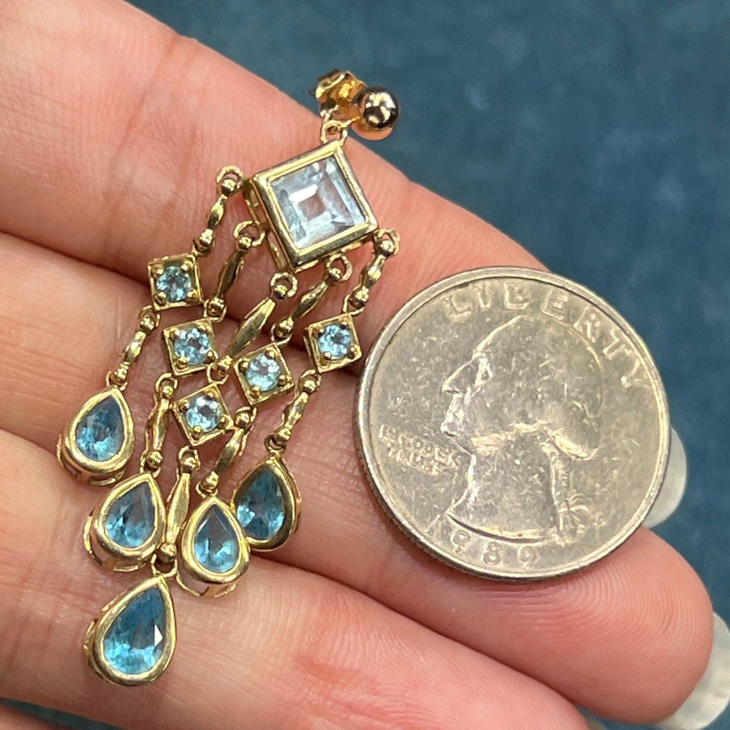 10k Yellow Gold Ocean Blue Topaz Teardrop Chandelier Earrings. 2" + 7g