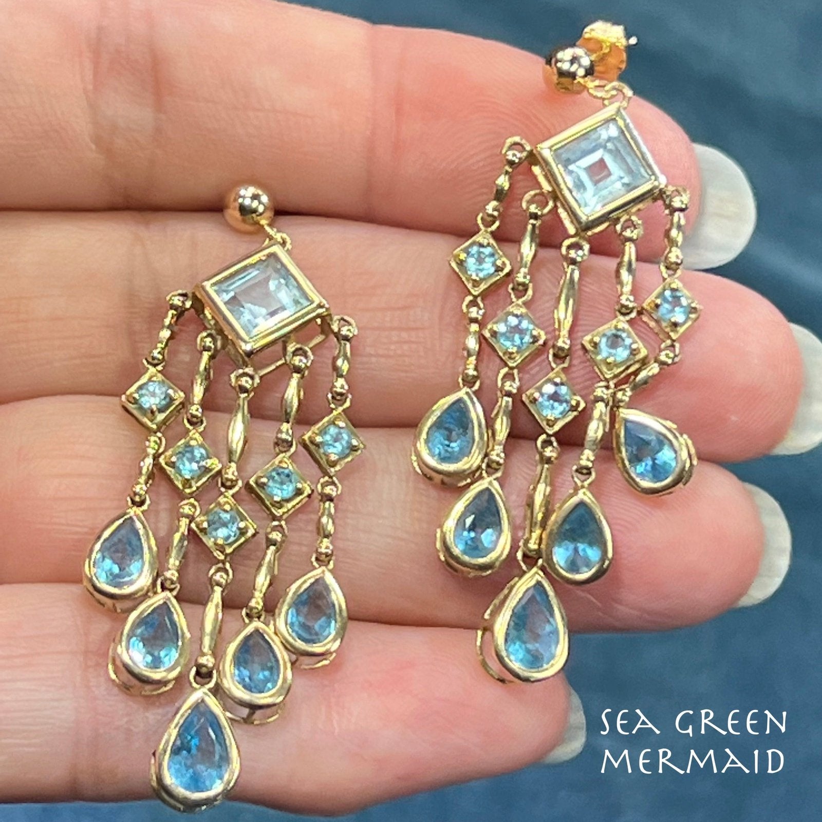 10k Yellow Gold Ocean Blue Topaz Teardrop Chandelier Earrings. 2" + 7g