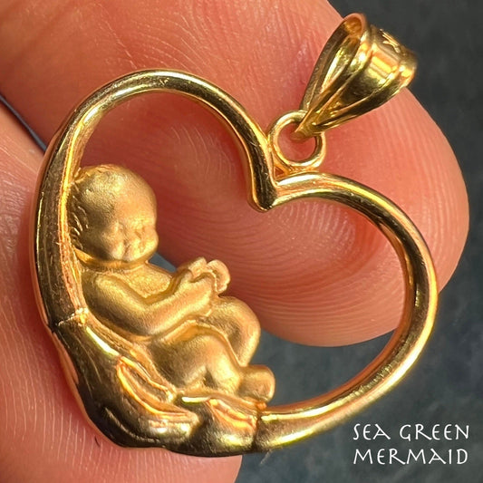 10k Yellow Gold Rocking Baby Heart Pendant. "Cradled in Loving Arms"