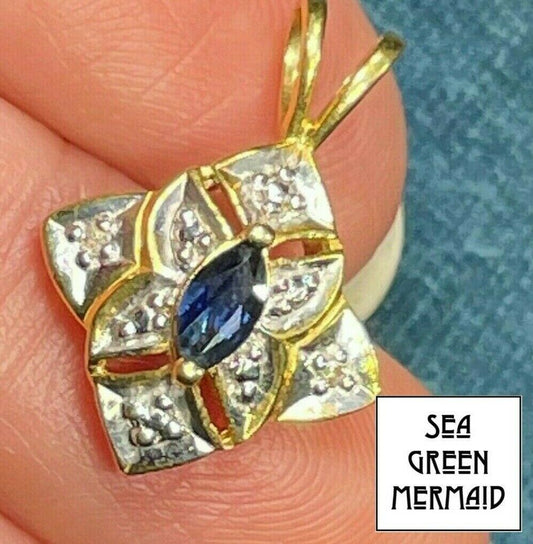 10k Yellow Gold SNOWFLAKE Pendant w Marquise Ceylon Blue Sapphire & Diamonds_b70
