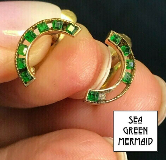 10k Yellow Rose Gold CRESCENT MOON Emerald Earrings**2 MISSING**_b80_19