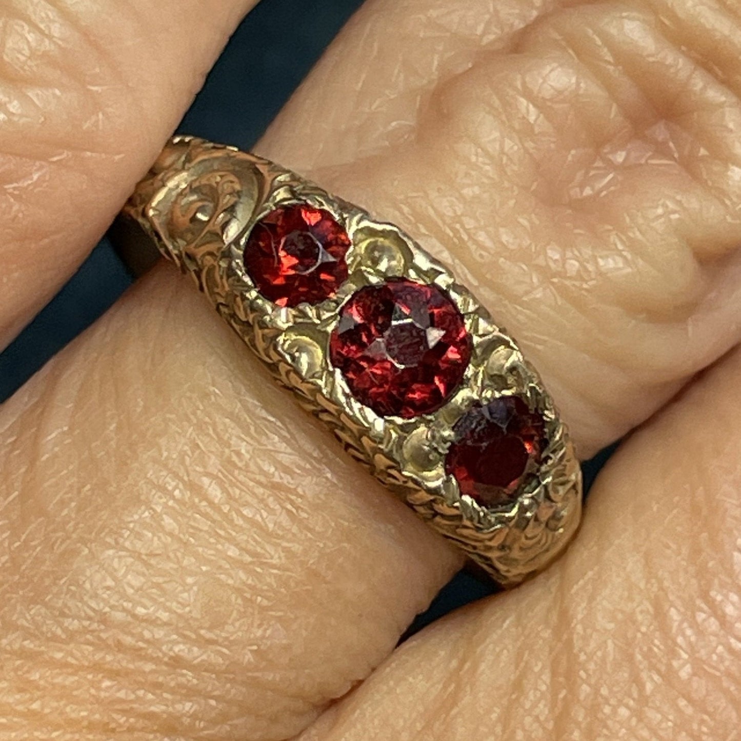 10k Yellow Rose Gold Three Garnet GAMBLER's Ring.