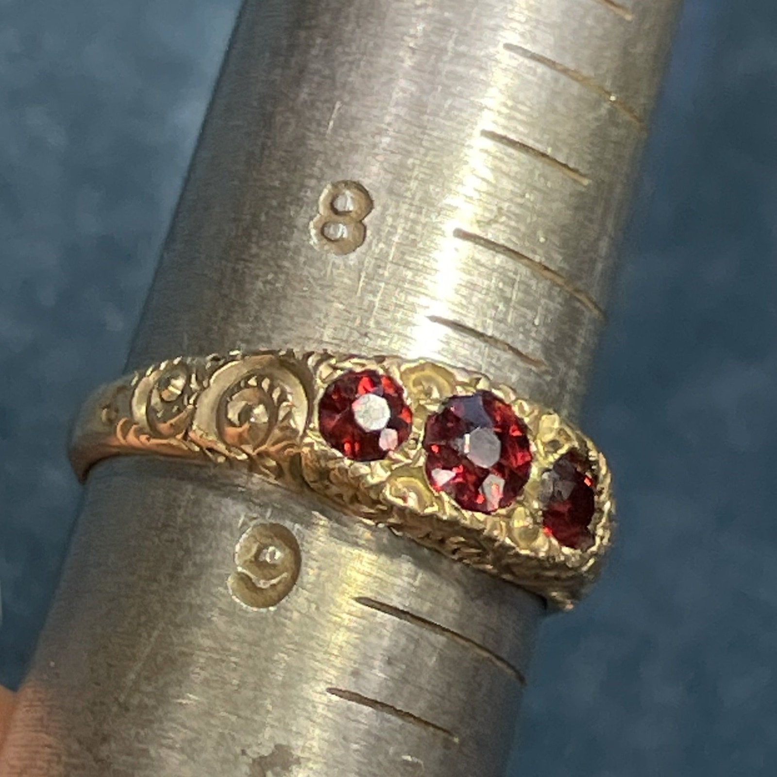 10k Yellow Rose Gold Three Garnet GAMBLER's Ring.