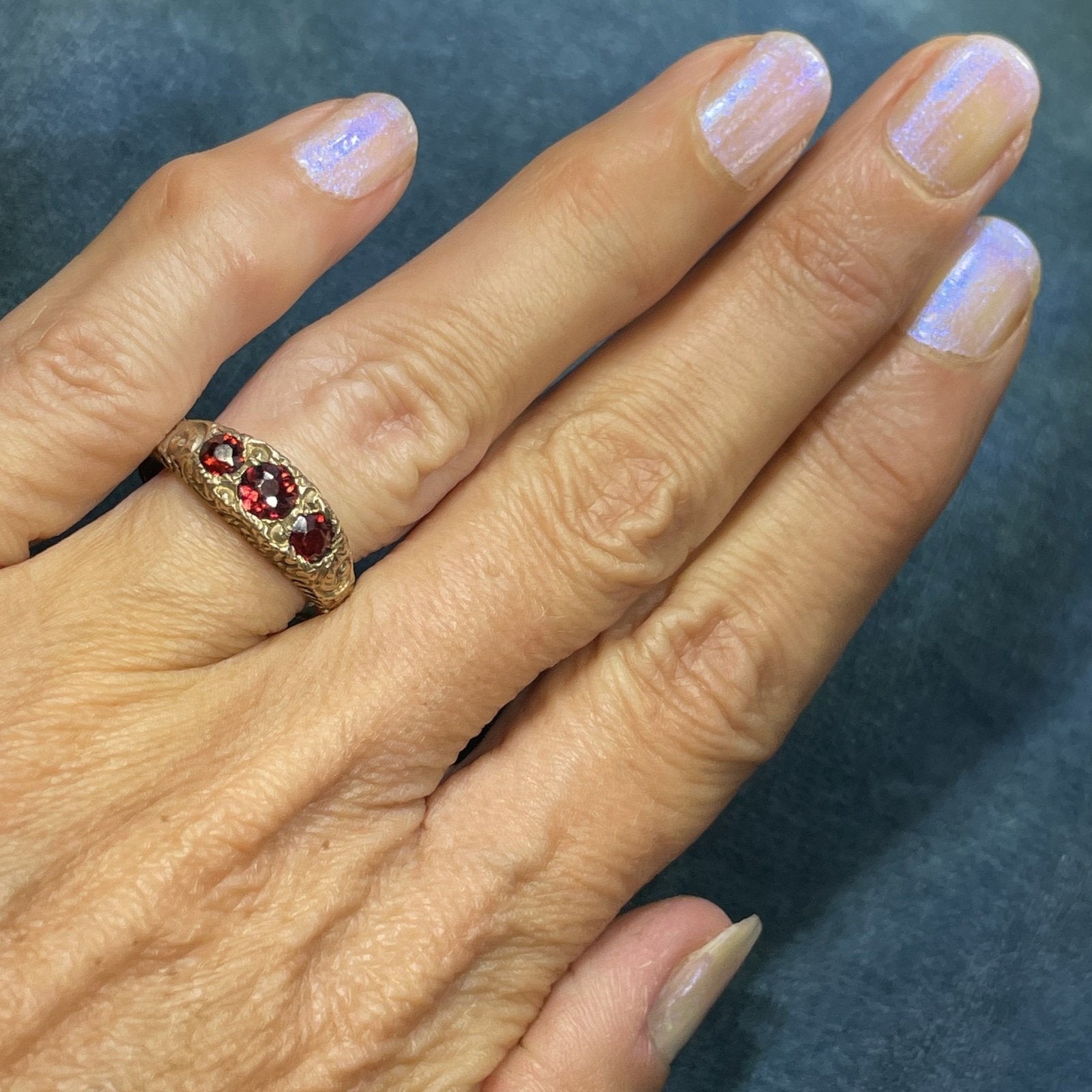 10k Yellow Rose Gold Three Garnet GAMBLER's Ring.