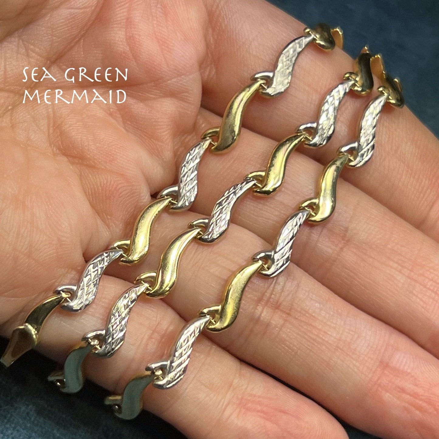 10k Yellow + White Gold 5mm Wave Link Chain Necklace. 7g