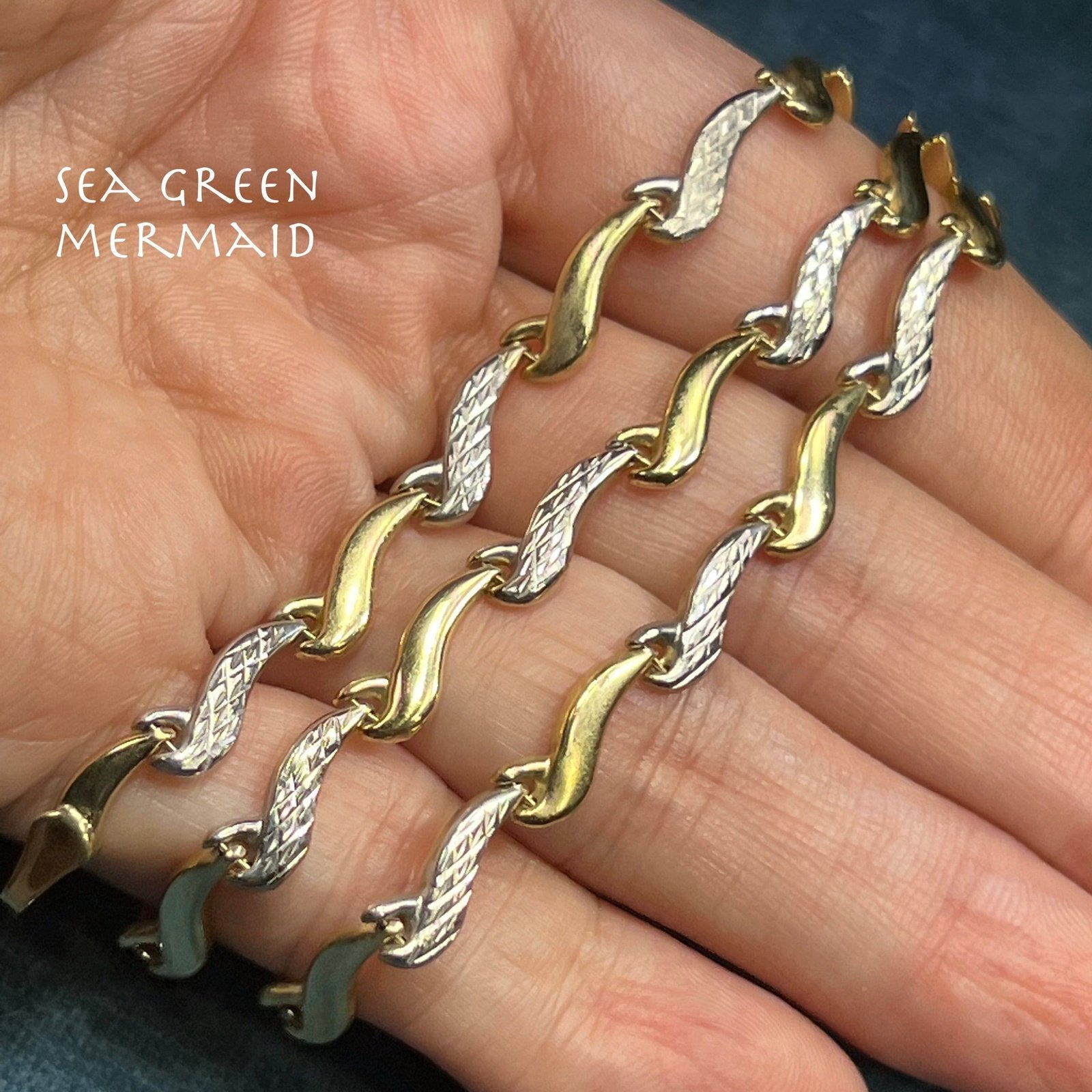 10k Yellow + White Gold 5mm Wave Link Chain Necklace. 7g