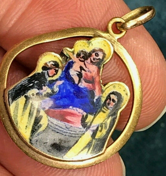 12K Yellow Gold Religious Medal with Virgin Mary & Baby Jesus. Silhouette-K8L0J