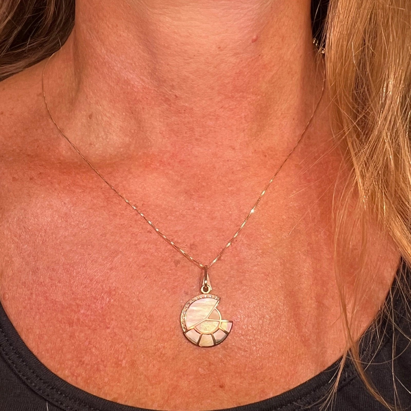 14K Yellow Gold Inlaid Mother of Pearl Abalone SUNBURST Pendant