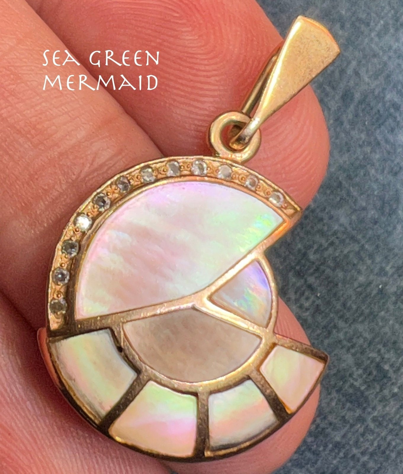 14K Yellow Gold Inlaid Mother of Pearl Abalone SUNBURST Pendant