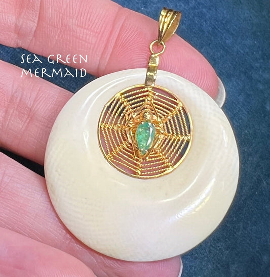 14k Gold 0.75 Ct Pear Emerald SPIDER Web Pendant. 2" Medallion