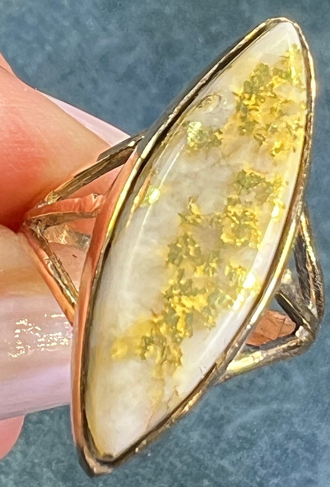 14k Gold 1" MARQUISE Cut Alaskan Gold in Quartz Ring. 8g