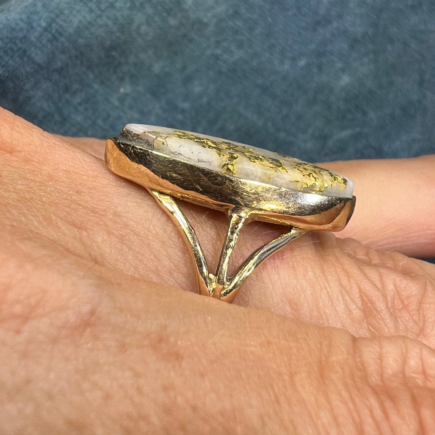 14k Gold 1" MARQUISE Cut Alaskan Gold in Quartz Ring. 8g