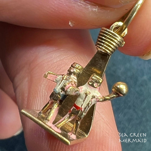 14k Gold 2 Tiny Basketball Players + Hoop Pendant. Enamel