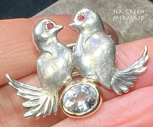 14k Gold 925 LOVEBIRDS Pendant w 2.5 Ct Aquamarine + Rubies
