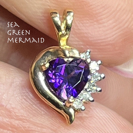 14k Gold Amethyst Heart Pendant w Diamonds. Small 1/2"
