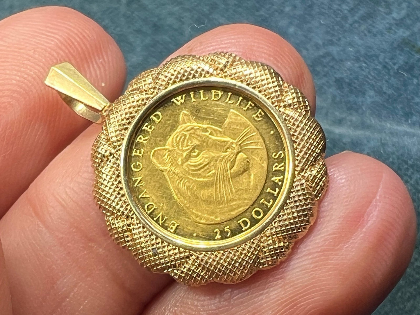 14k Gold Bezel Pendant w Endangered Tiger RARE Cook Islands Coin