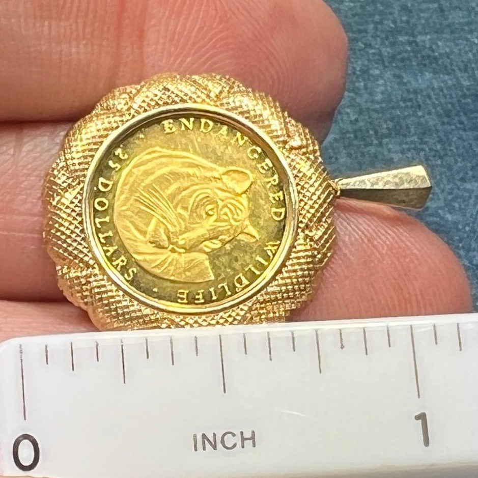 14k Gold Bezel Pendant w Endangered Tiger RARE Cook Islands Coin