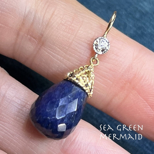 14k Gold Blue Sapphire Teardrop Briolette Pendant w Diamond