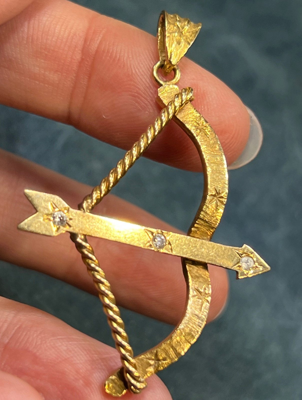 14k Gold Bow + Arrow Pendant w Gypsy-Set Diamonds. 2"