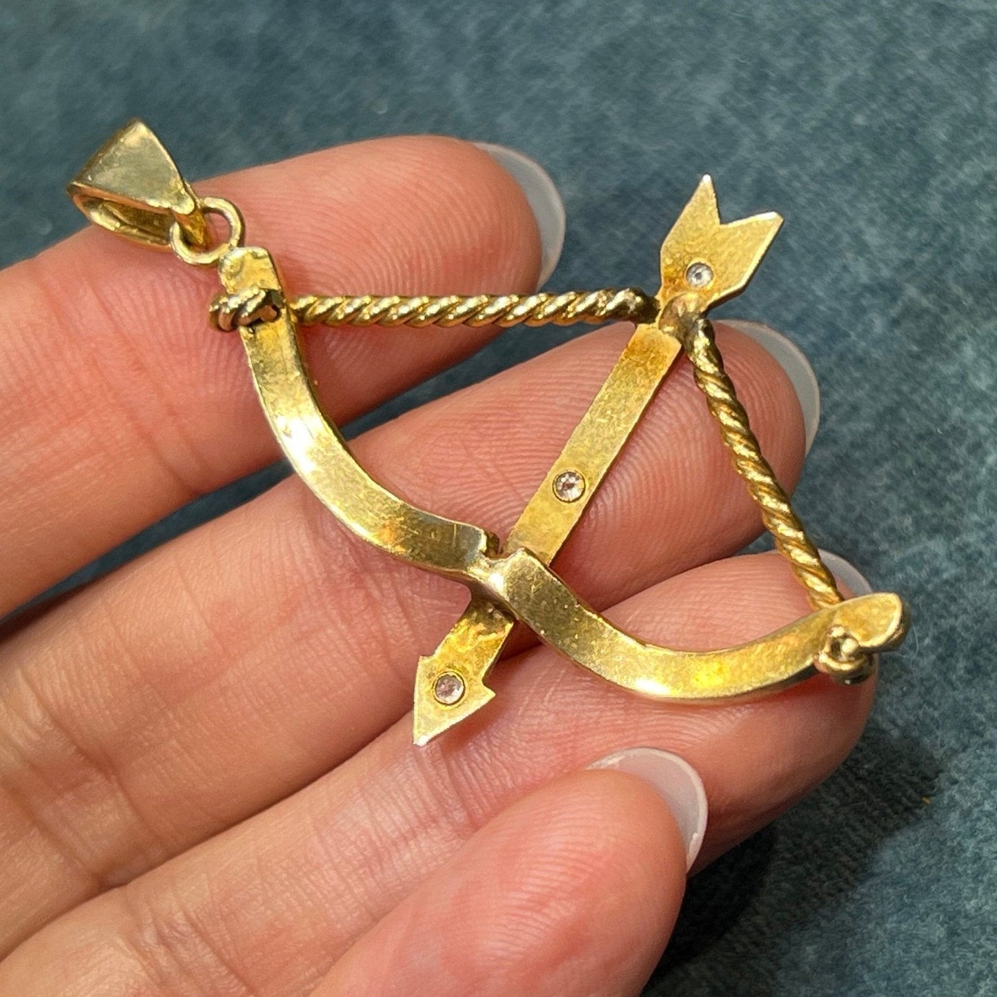 14k Gold Bow + Arrow Pendant w Gypsy-Set Diamonds. 2"