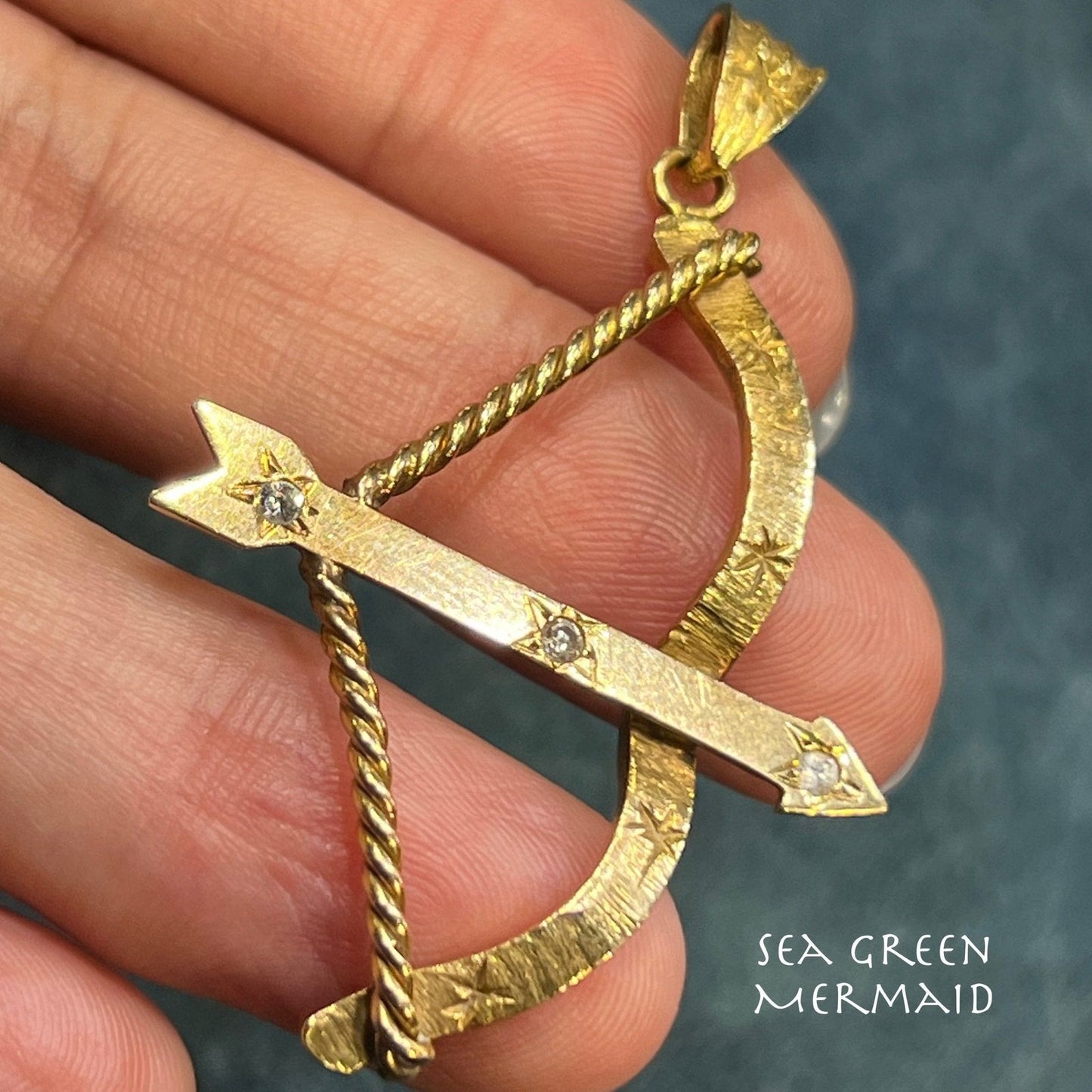 14k Gold Bow + Arrow Pendant w Gypsy-Set Diamonds. 2"