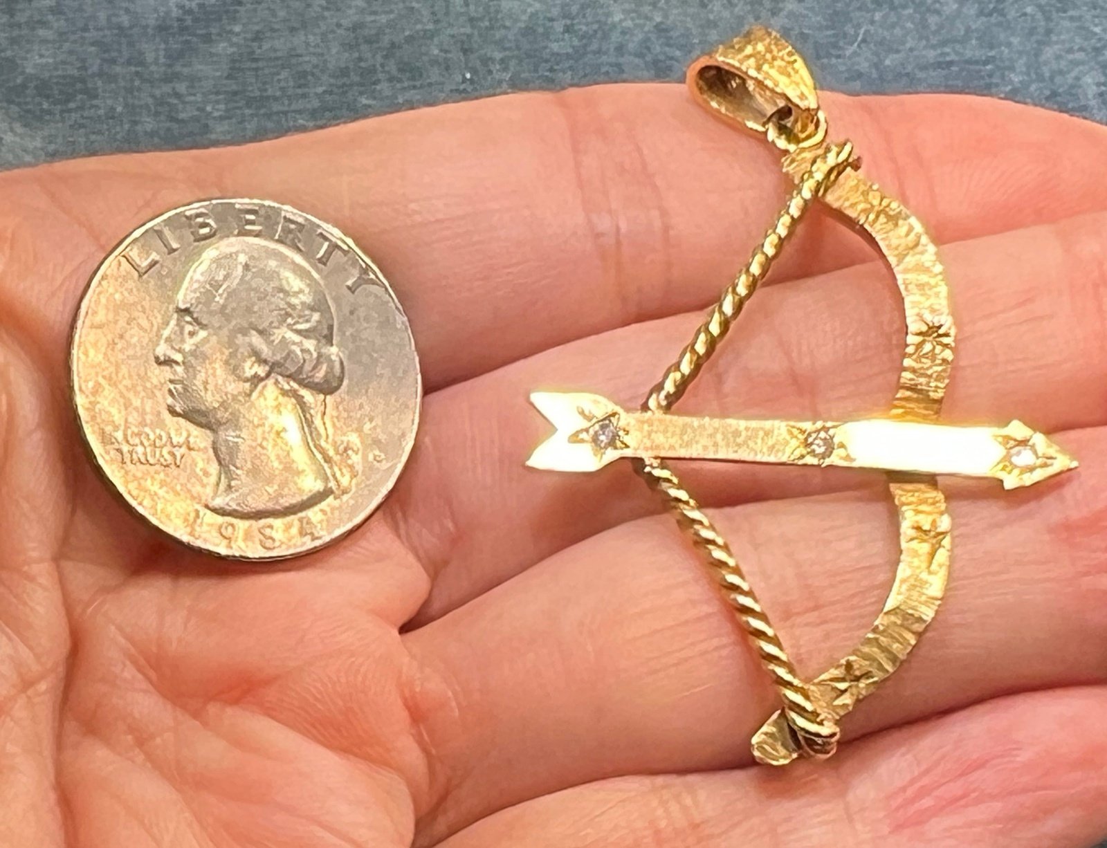 14k Gold Bow + Arrow Pendant w Gypsy-Set Diamonds. 2"