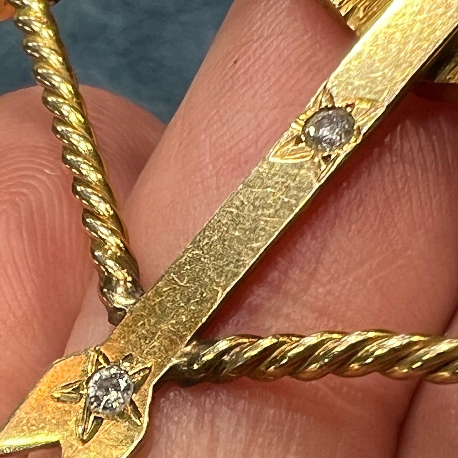 14k Gold Bow + Arrow Pendant w Gypsy-Set Diamonds. 2"