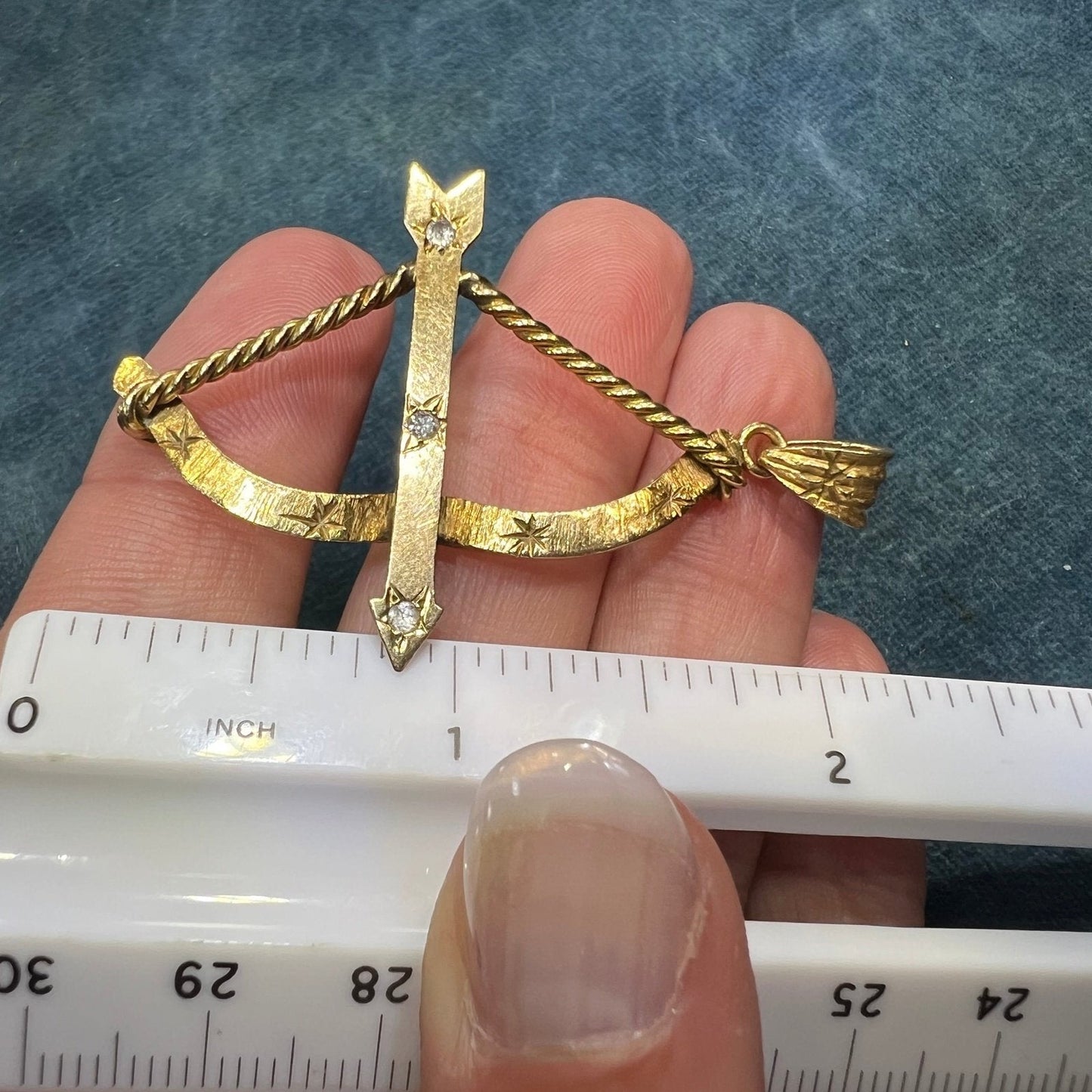 14k Gold Bow + Arrow Pendant w Gypsy-Set Diamonds. 2"