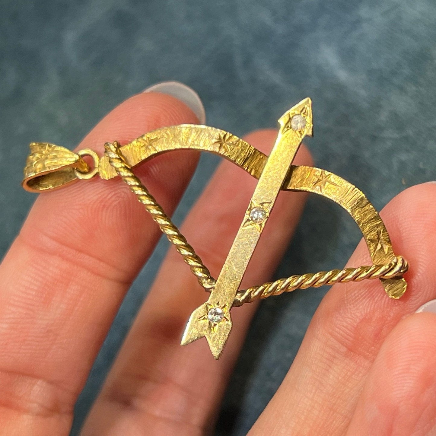 14k Gold Bow + Arrow Pendant w Gypsy-Set Diamonds. 2"