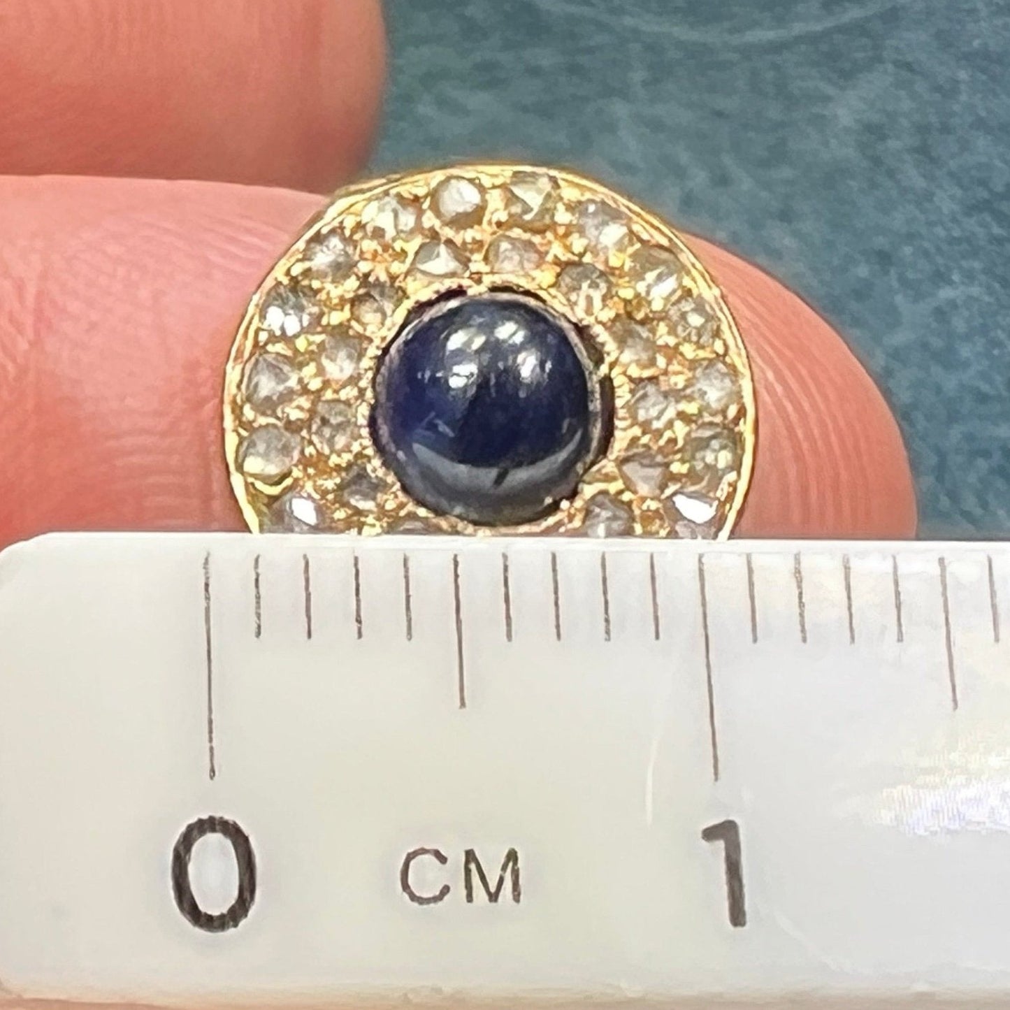 14k Gold Cabochon Blue Sapphire Ring w Pave Rose-Cut Diamond Halo