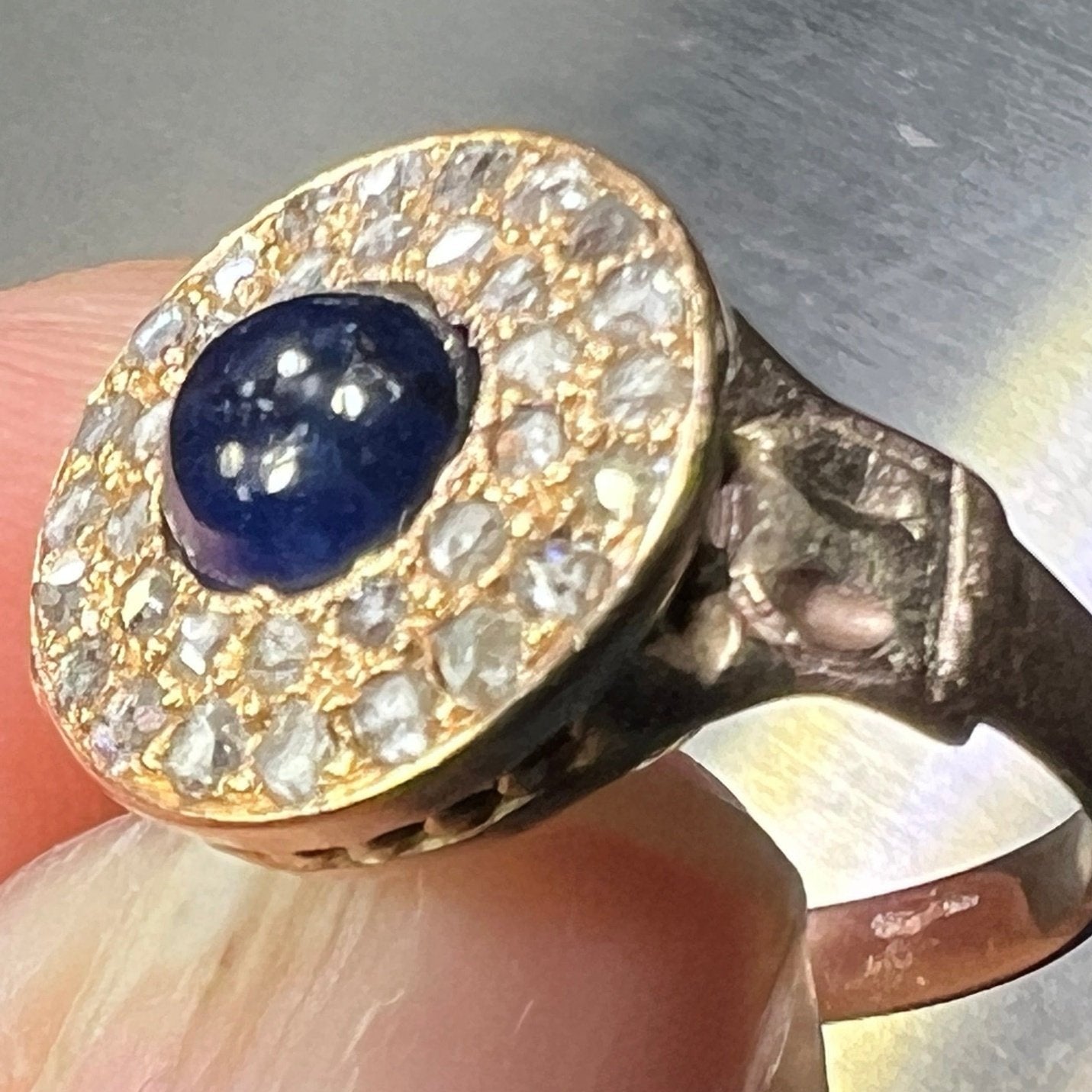 14k Gold Cabochon Blue Sapphire Ring w Pave Rose-Cut Diamond Halo