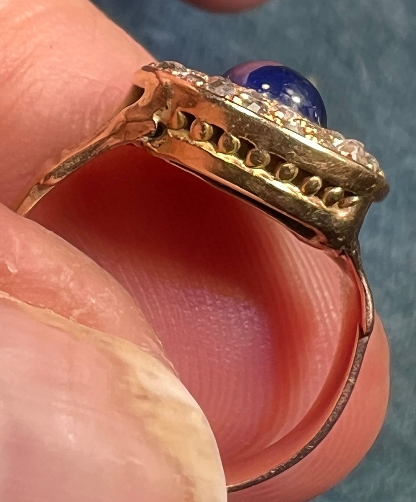 14k Gold Cabochon Blue Sapphire Ring w Pave Rose-Cut Diamond Halo