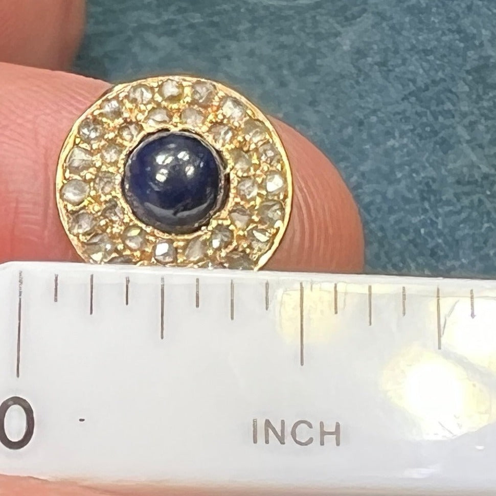 14k Gold Cabochon Blue Sapphire Ring w Pave Rose-Cut Diamond Halo