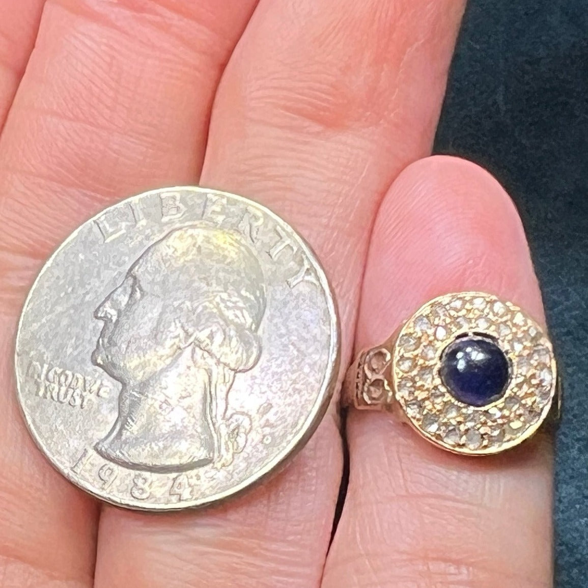 14k Gold Cabochon Blue Sapphire Ring w Pave Rose-Cut Diamond Halo