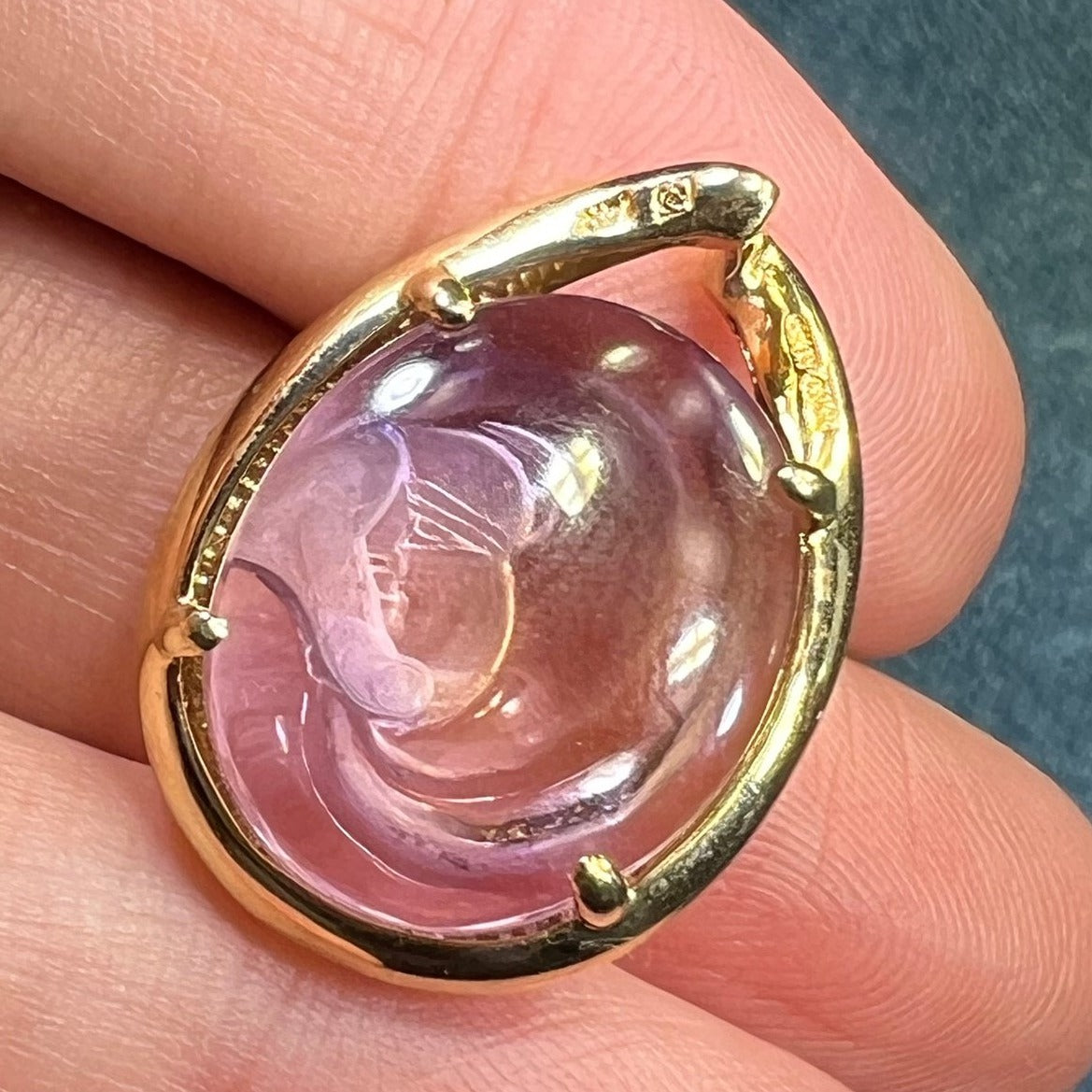 14k Gold Carved Amethyst CAMEO Teardrop Pendant. Goddess / Madonna. 6g + 1"