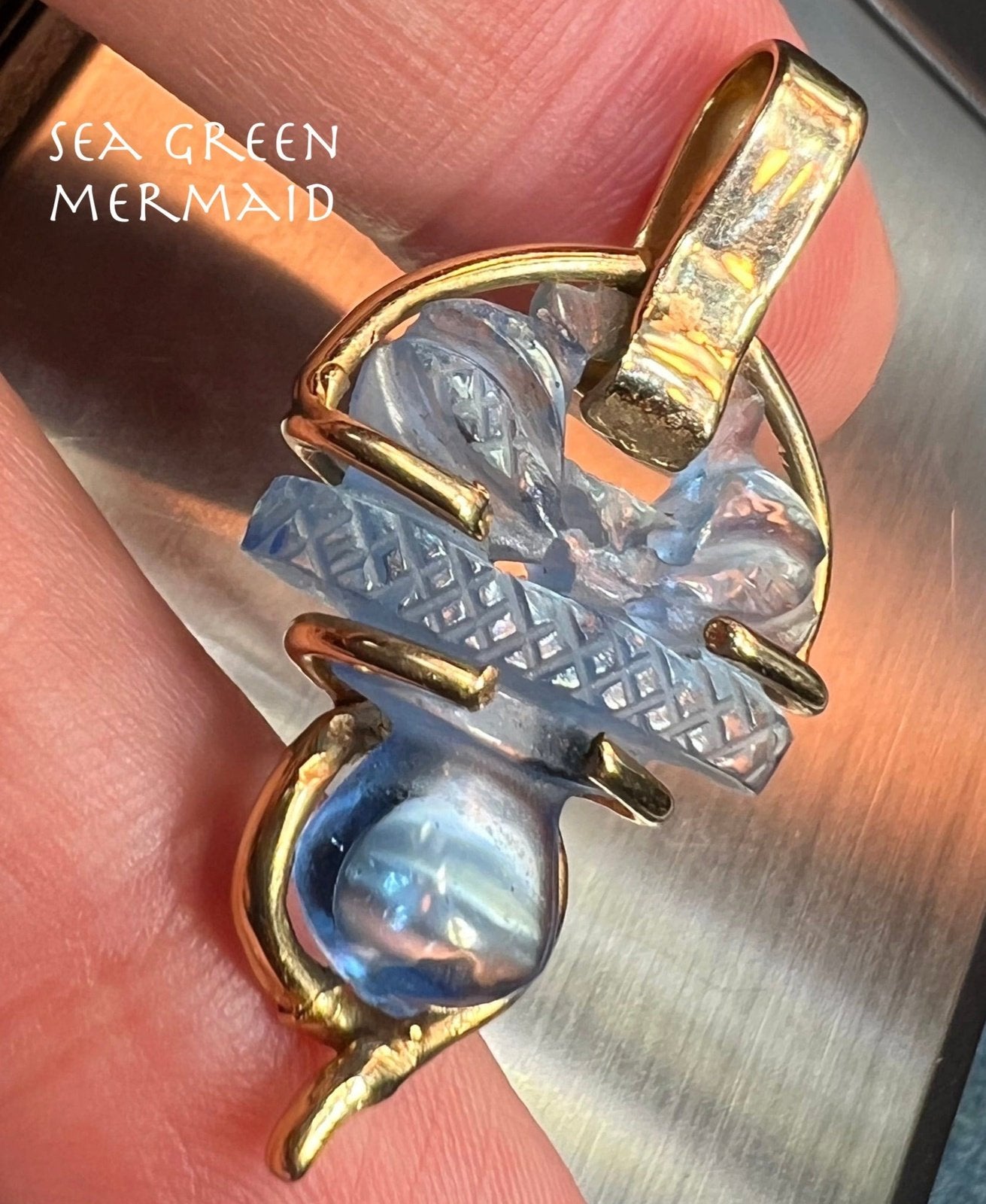 14k Gold Carved Aquamarine Blue Quartz Scottish Thistle Pendant. 1.5"